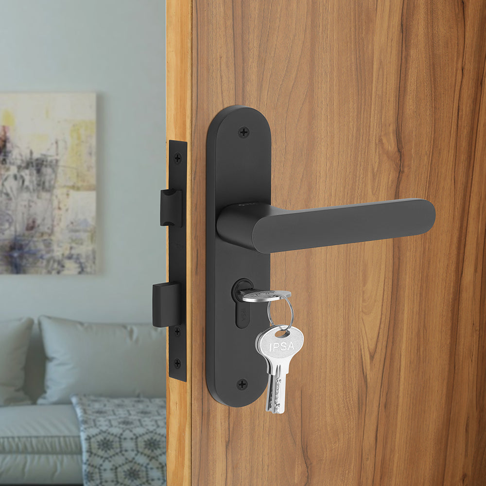 IPSA Lemon Iris Handle Series on 8" Plate CYS Lockset with 60mm Both Side Key Cylinder- Black Finish